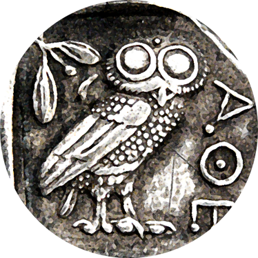 Moeda de prata Tetradrachm emitida por Atenas, cerca de 480–420 AC: coruja, ramo de oliva e lua crescente com a inscrição ΑΘΕ.